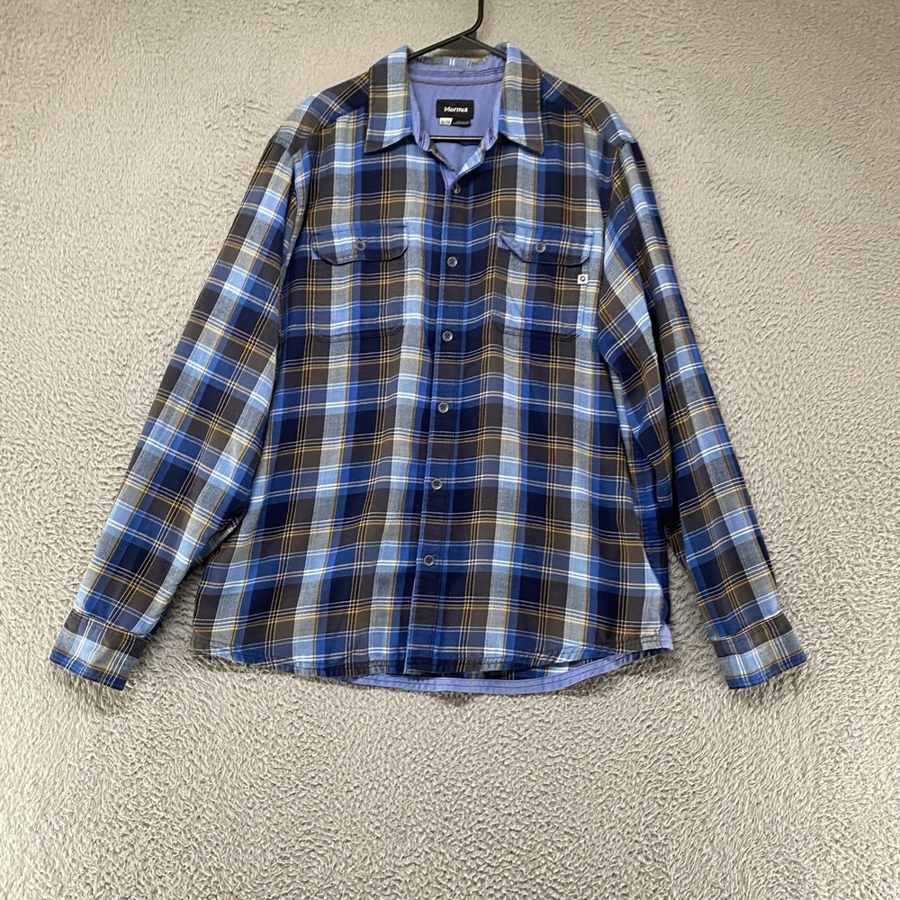 Marmot Flannel Shirt Mens XL Blue Plaid Long Sleeve Button Up Hiking Outdoor